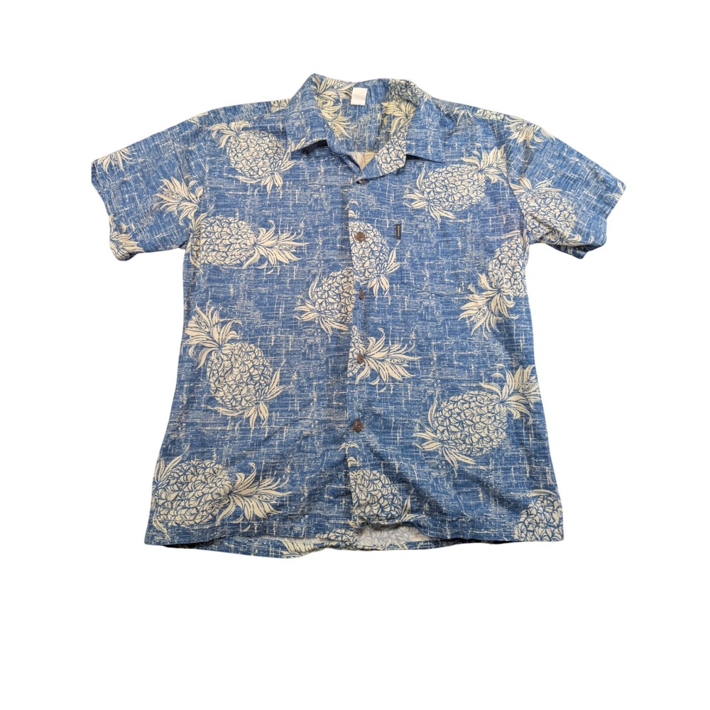 Palmwave Mens Short Sleeve Cotton Blue White Pineapple Aloha Shirt Size L